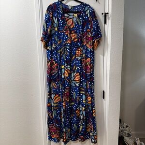 Blue Floral Polka Maxi Dress with Multicolor Blooms